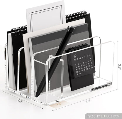 SANRUI 5 Compartments Acrylic Mail Sorter Holder, Clear Document Magazine Envelope File Rack, Vertical Letter Sorter & Multifunction Desk Organizer for Bills, Documents, Notebooks