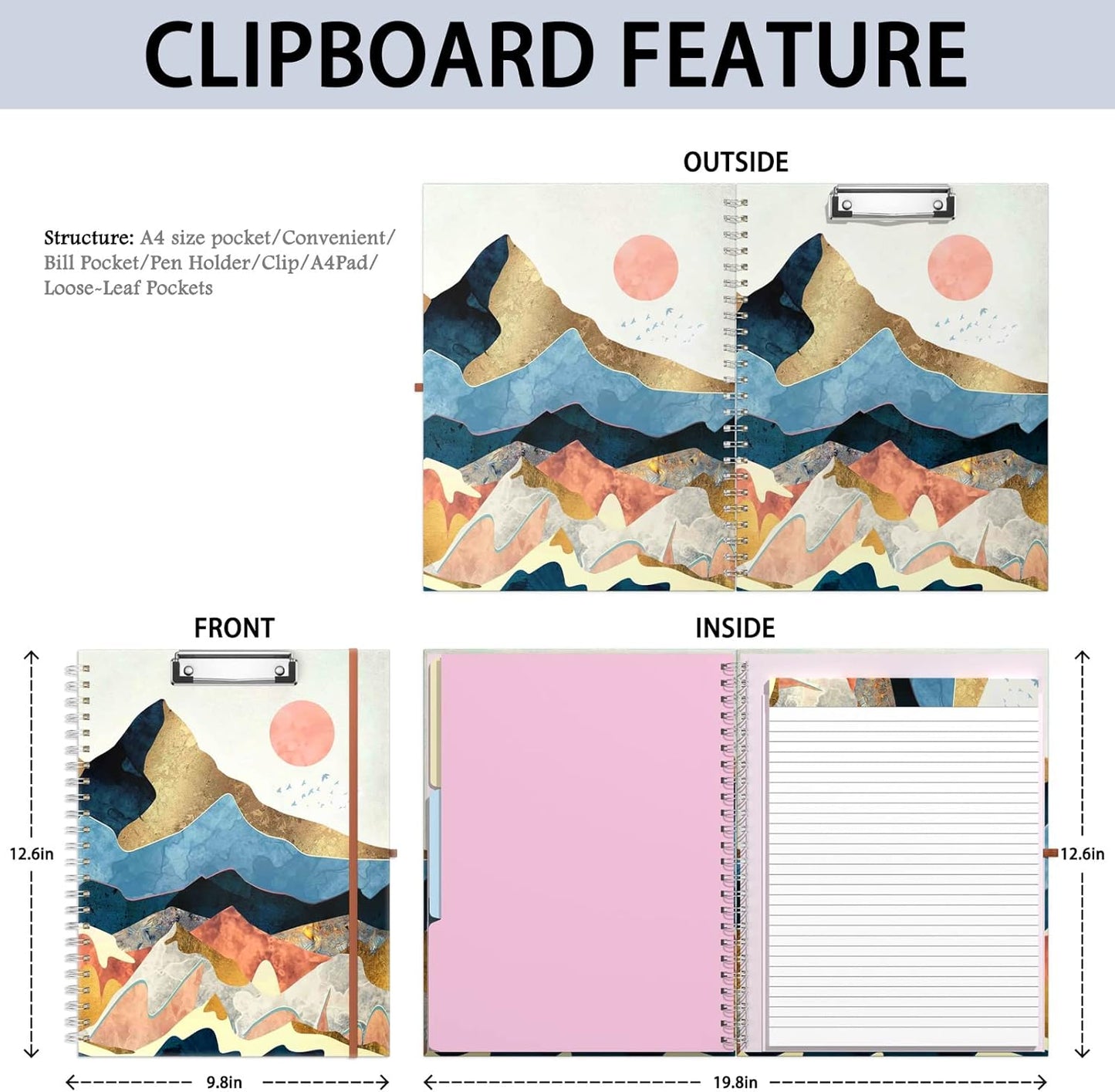 Rimilak Spiral Clipboards Folio with Refillable Lined Notepad, 14.5 x 9.8 In, Hardcover Cover with 5 Interior Pockets, Elastic Band and Pen Loop Series. Cute Stylish Clipfolio, Daisy Flower