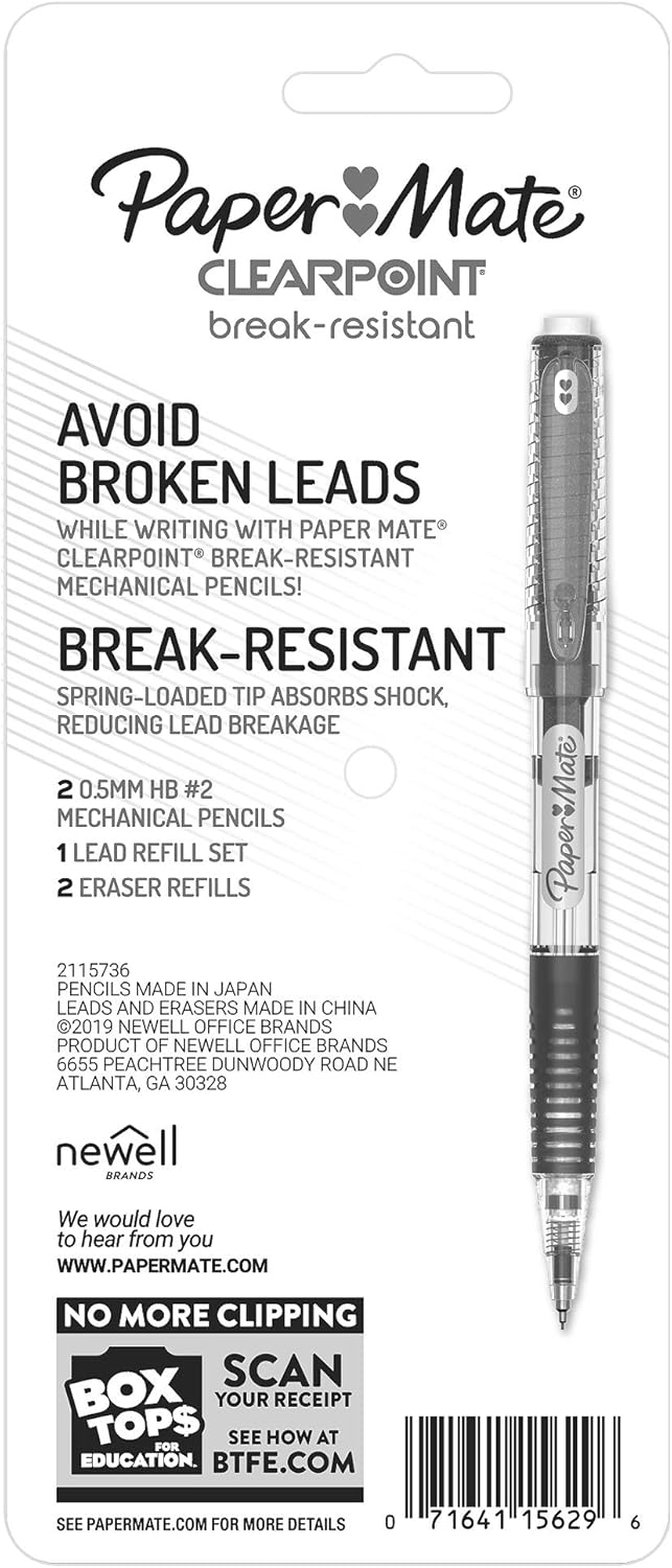Paper Mate Clearpoint Mechanical Pencils, 0.5mm Break-Resistant HB #2 Lead, Eraser Refills, 2 Count