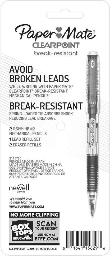 Paper Mate Clearpoint Mechanical Pencils, 0.5mm Break-Resistant HB #2 Lead, Eraser Refills, 2 Count