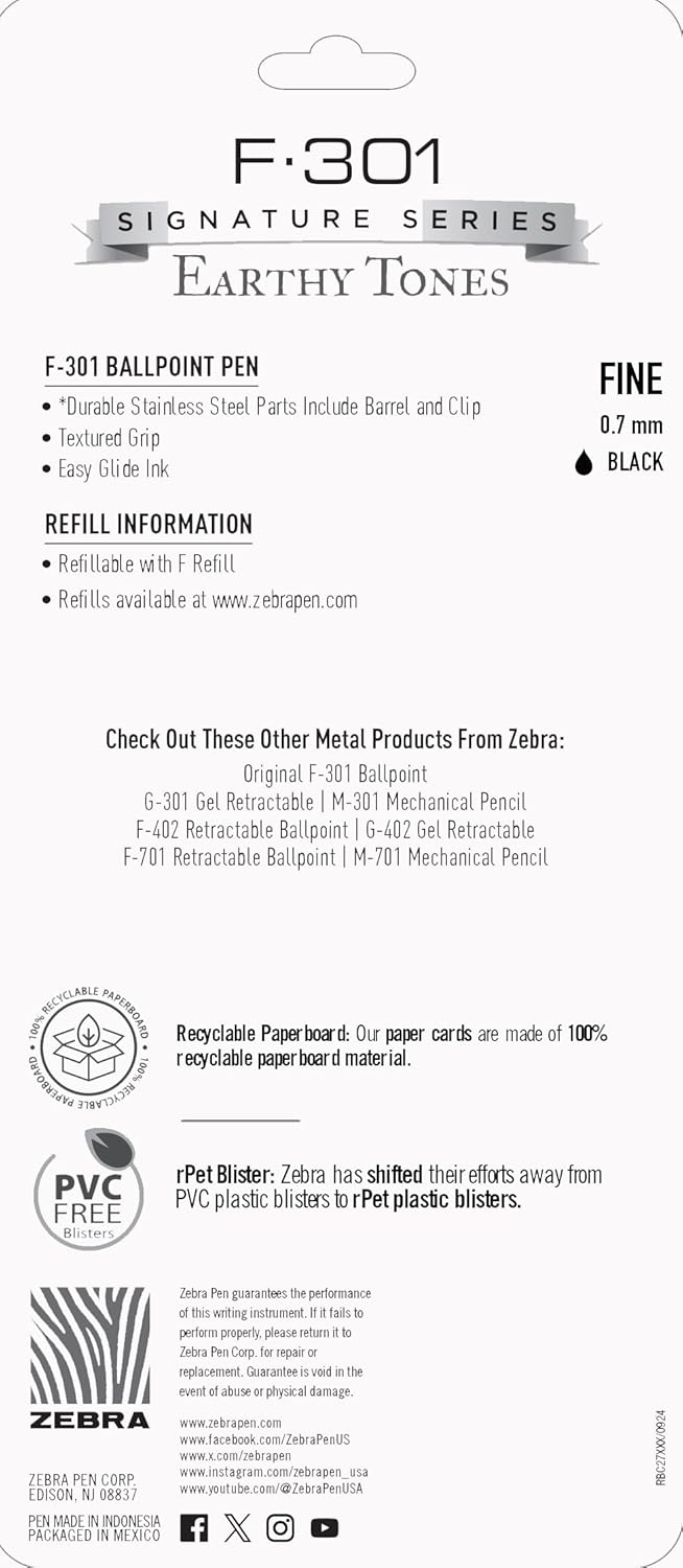 Zebra Pen F-301 Ballpoint Black, Blue, Red and Green Ink, Fine Point 0.7mm Pen, Easy-Glide Ink, Stainless Steel Retractable, Non-Slip Grip, Professional Design, Ideal for Office, 4-Pack (27174)