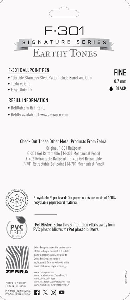 Zebra Pen F-301 Ballpoint Black, Blue, Red and Green Ink, Fine Point 0.7mm Pen, Easy-Glide Ink, Stainless Steel Retractable, Non-Slip Grip, Professional Design, Ideal for Office, 4-Pack (27174)
