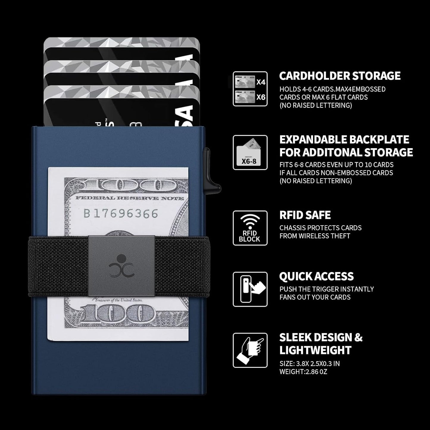 SEMORID Slim Aluminum Card Holder Wallet for Men, Durable Expandable Backplate, RFID Blocking Minimalist Metal Pop Up Wallet, Holds 12+ Cards Plus Cash (Black)