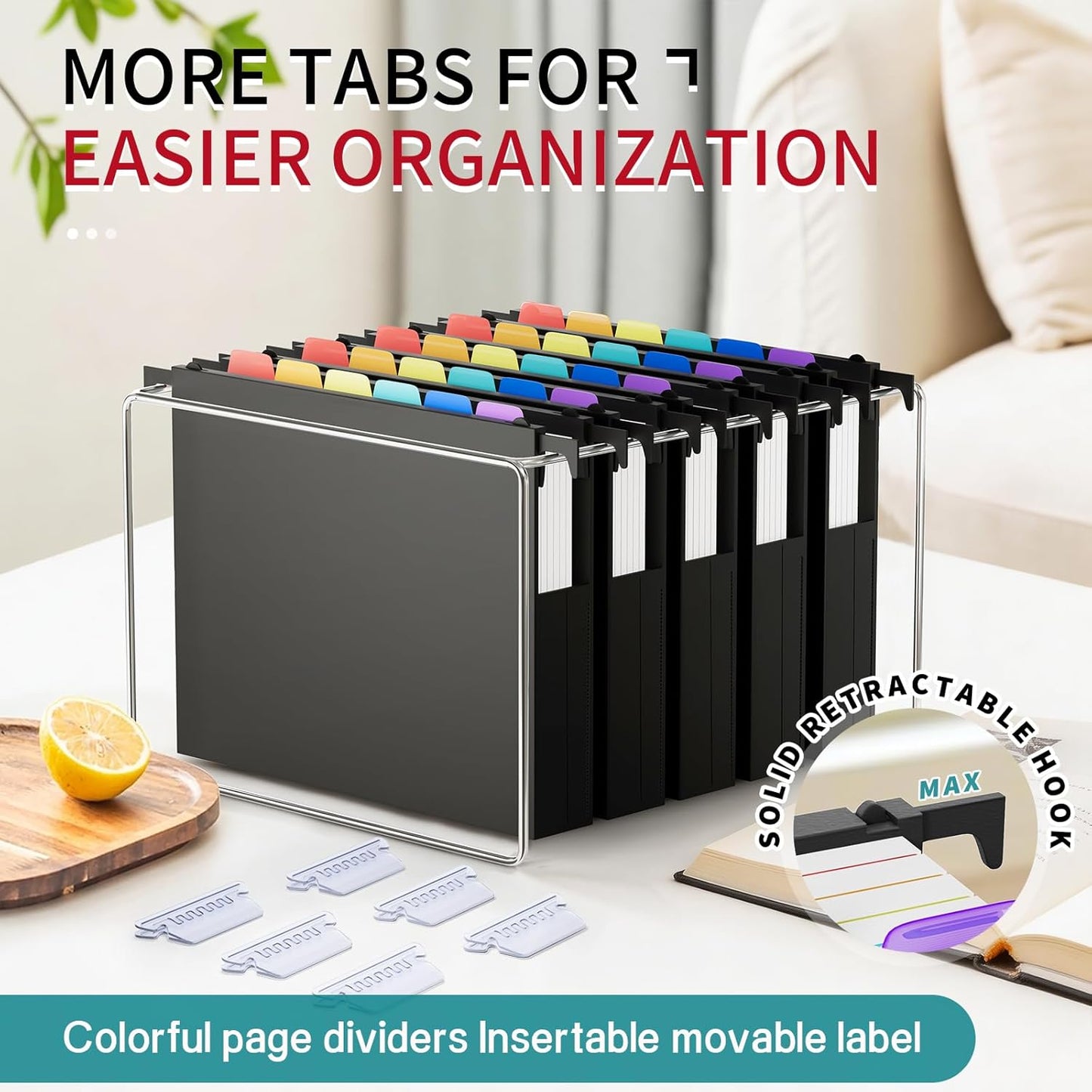 Uquelic Plastic Hanging File Folders Letter Size, 12 Pack Reinforced Heavy Duty Hang Folder with Movable Bright Dividers, Adjustable Tabs, 2" File Organizer for Filing Cabinet, School, Office