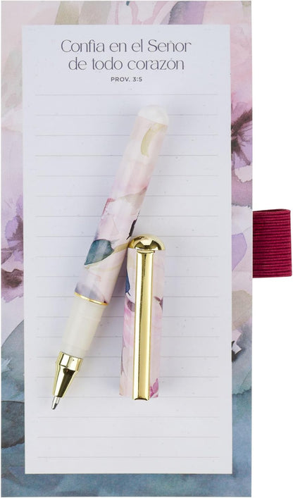 Christian Art Gifts Compact Magnetic Notepad & Medium Ballpoint Pen Set: Trust in the Lord Inspirational Scripture, Shopping Lists, Memos, Reminders, 70 Lined Easy Tear-off Sheets, Purple/Teal Floral