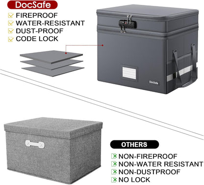 DocSafe File Box with Lock,Multi-Layer Fireproof Document Box Collapsible File Storage Organizer with Pockets/Handle,Large Portable Home Office Filing Safe for Hanging Letter/Legal Size Folders,Black