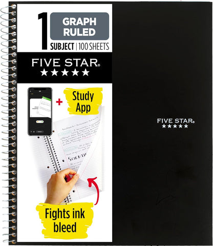 Five Star Spiral Notebook + Study App, 1 Subject, Graph Ruled Paper, 8-1/2" x 11", 100 Sheets, Fights Ink Bleed, Water Resistant Cover, Tidewater Blue (06190AA4)