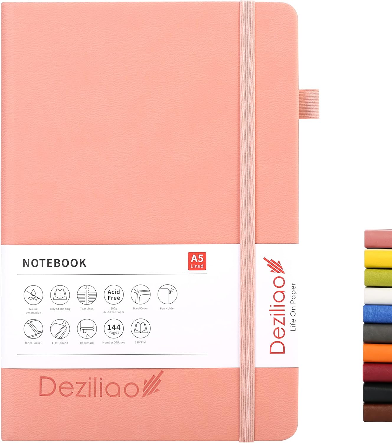 Deziliao Lined Journal Notebooks with Pen Loop, Hardcover Notebook Journal for Work, 100Gsm Premium Thick Paper with Inner Pocket, Medium 5.7"x8.4", （Black, Ruled）