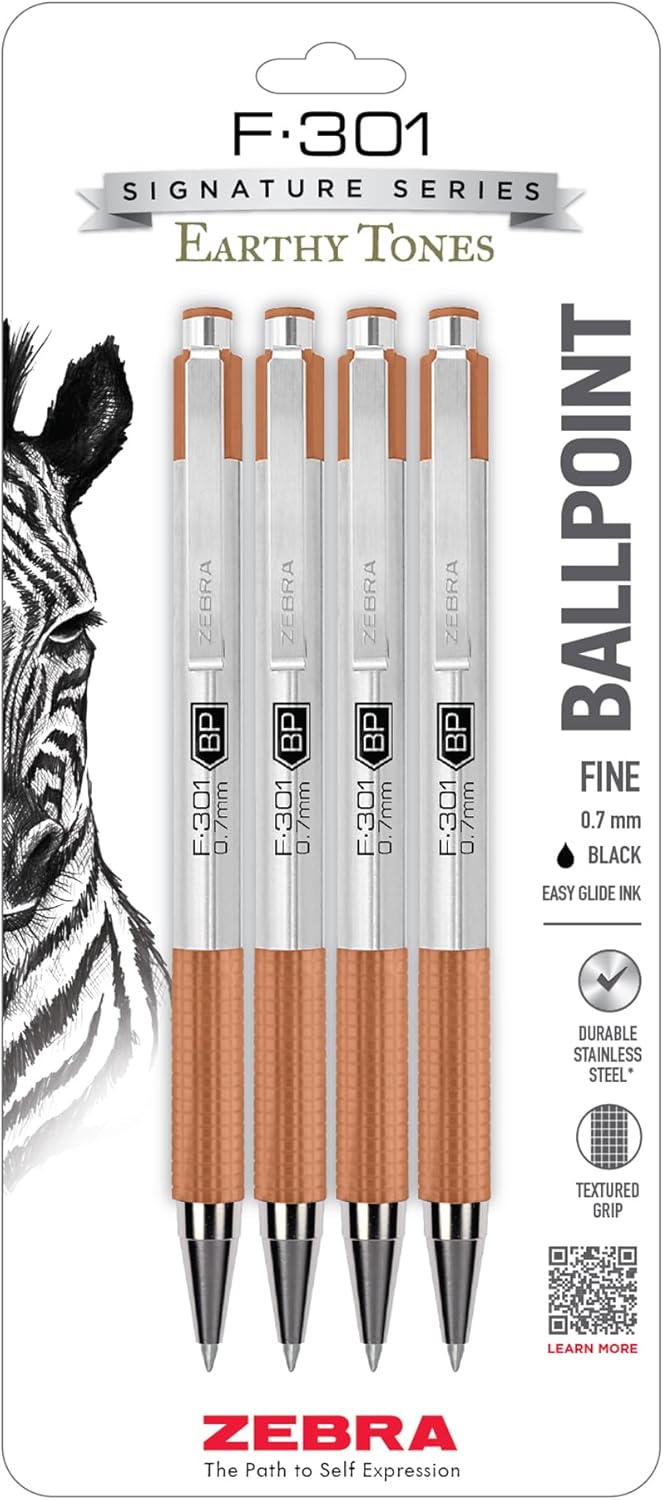 Zebra Pen F-301 Ballpoint Black, Blue, Red and Green Ink, Fine Point 0.7mm Pen, Easy-Glide Ink, Stainless Steel Retractable, Non-Slip Grip, Professional Design, Ideal for Office, 4-Pack (27174)
