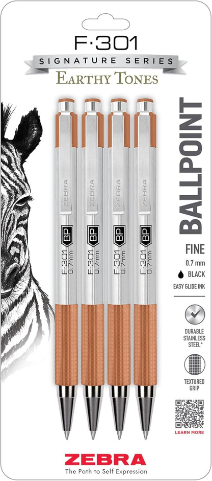 Zebra Pen F-301 Ballpoint Black, Blue, Red and Green Ink, Fine Point 0.7mm Pen, Easy-Glide Ink, Stainless Steel Retractable, Non-Slip Grip, Professional Design, Ideal for Office, 4-Pack (27174)