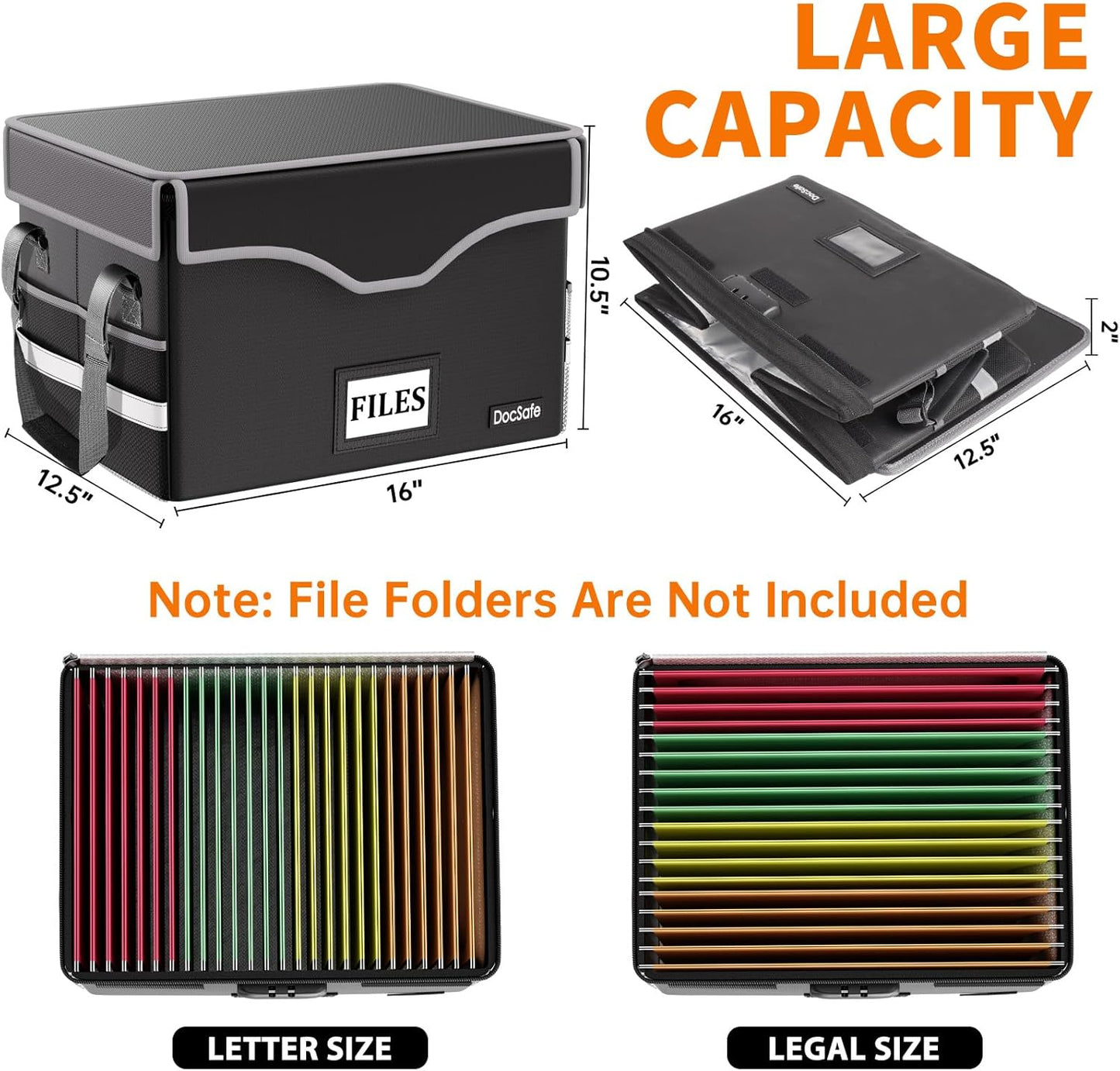 DocSafe Fireproof Document Box with Lock, File Storage Organizer with Mesh Pockets, Collapsible Portable File Box Home Office Safe Filing Cabinet with Handle for Hanging Letter/Legal Folder, Black
