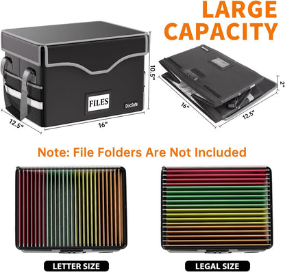 DocSafe Fireproof Document Box with Lock, File Storage Organizer with Mesh Pockets, Collapsible Portable File Box Home Office Safe Filing Cabinet with Handle for Hanging Letter/Legal Folder, Black