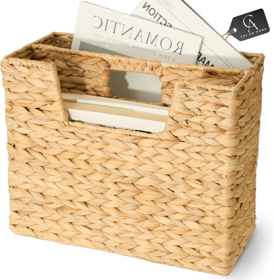 CHI AN HOME Wicker Magazine Basket, Handwoven Water Hyacinth Storage Bin & Organizer for Files, Books, Newspapers, Documents, Decorative Storage Bin with Handle for Office, Living Room, Dorm, Bathroom