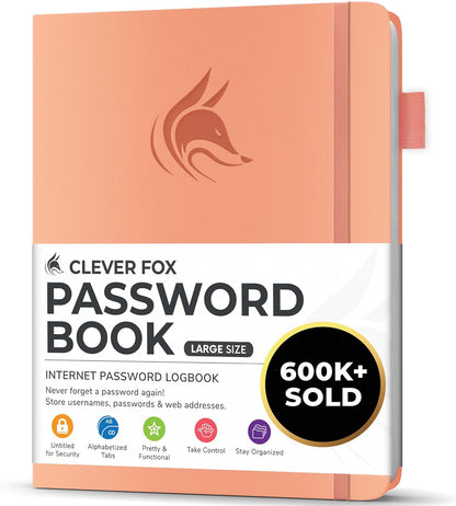 Clever Fox Password Book with alphabetical tabs. Internet Address Organizer Logbook. Small Pocket Password Keeper for Website Logins (Orange)