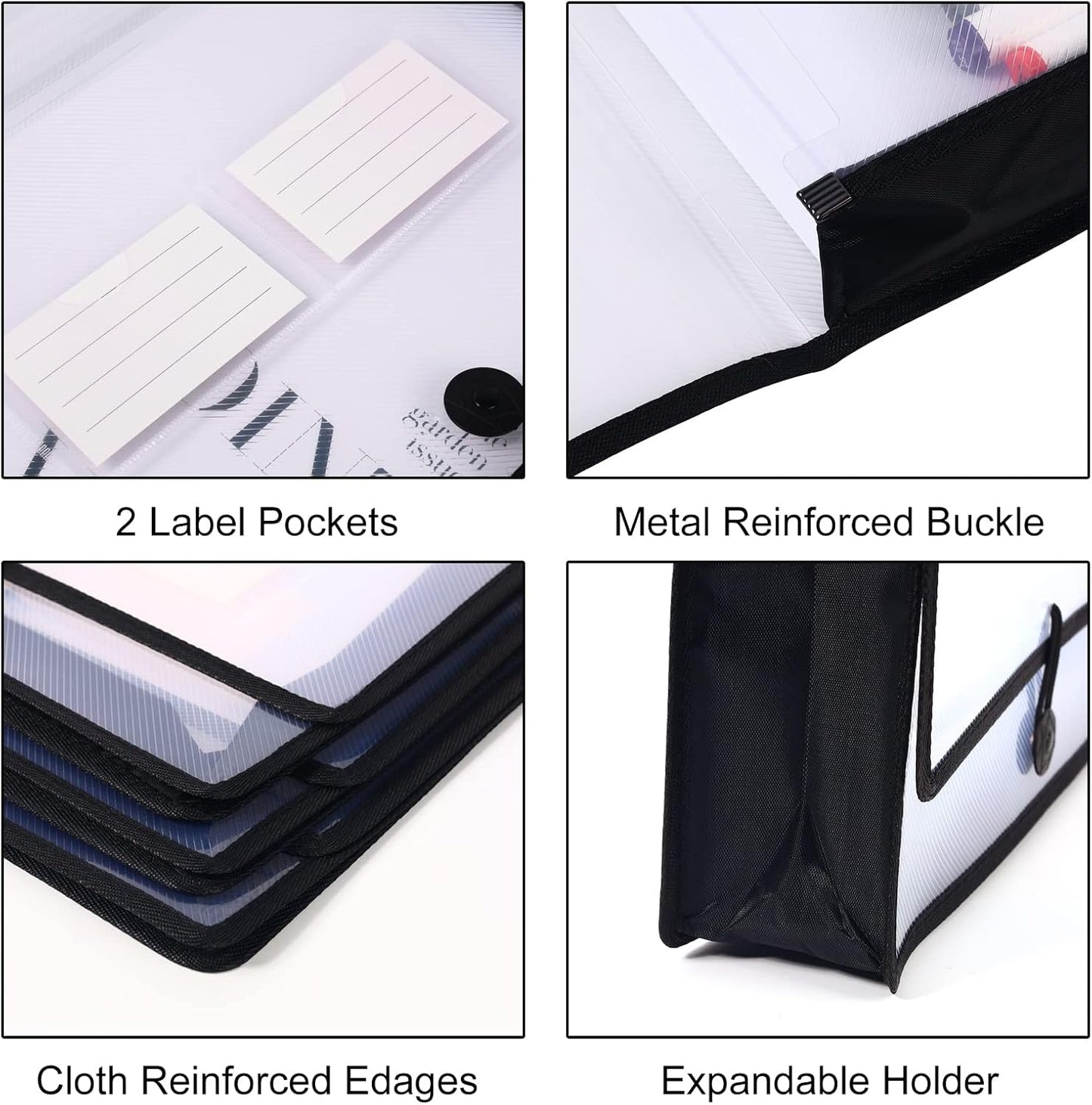 Eco-Friendly Plastic File Folders, Expanding Poly File Wallet, Transparent Expandable Envelope Organizer Document Folder with Elastic Band and Button Closure, with Small Two Pockets, 5 Colors