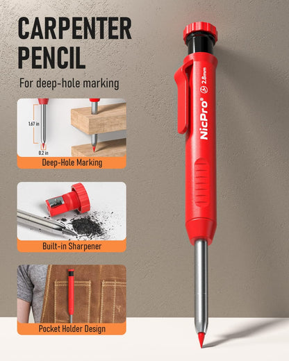 Nicpro Carpenter Pencil with Sharpener, Mechanical Pencils Set with 26 Refills, Deep Hole Marker for Construction, Heavy Duty Woodworking Tools for Architect (Black, Red) - With Case