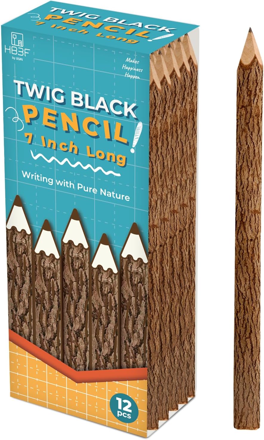 BSIRI Wooden Pencils Rustic Bark Twig Natural Wood Pencil 12 Pack 5 Inch for Kids Classroom Woodland Party Favors Camping Day Decorations Camp Themed Supplies Novelty Gifts