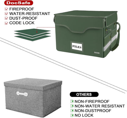 DocSafe Fireproof Document Box with Lock, File Storage Organizer with Mesh Pockets, Collapsible Portable File Box Home Office Safe Filing Cabinet with Handle for Hanging Letter/Legal Folder, Black