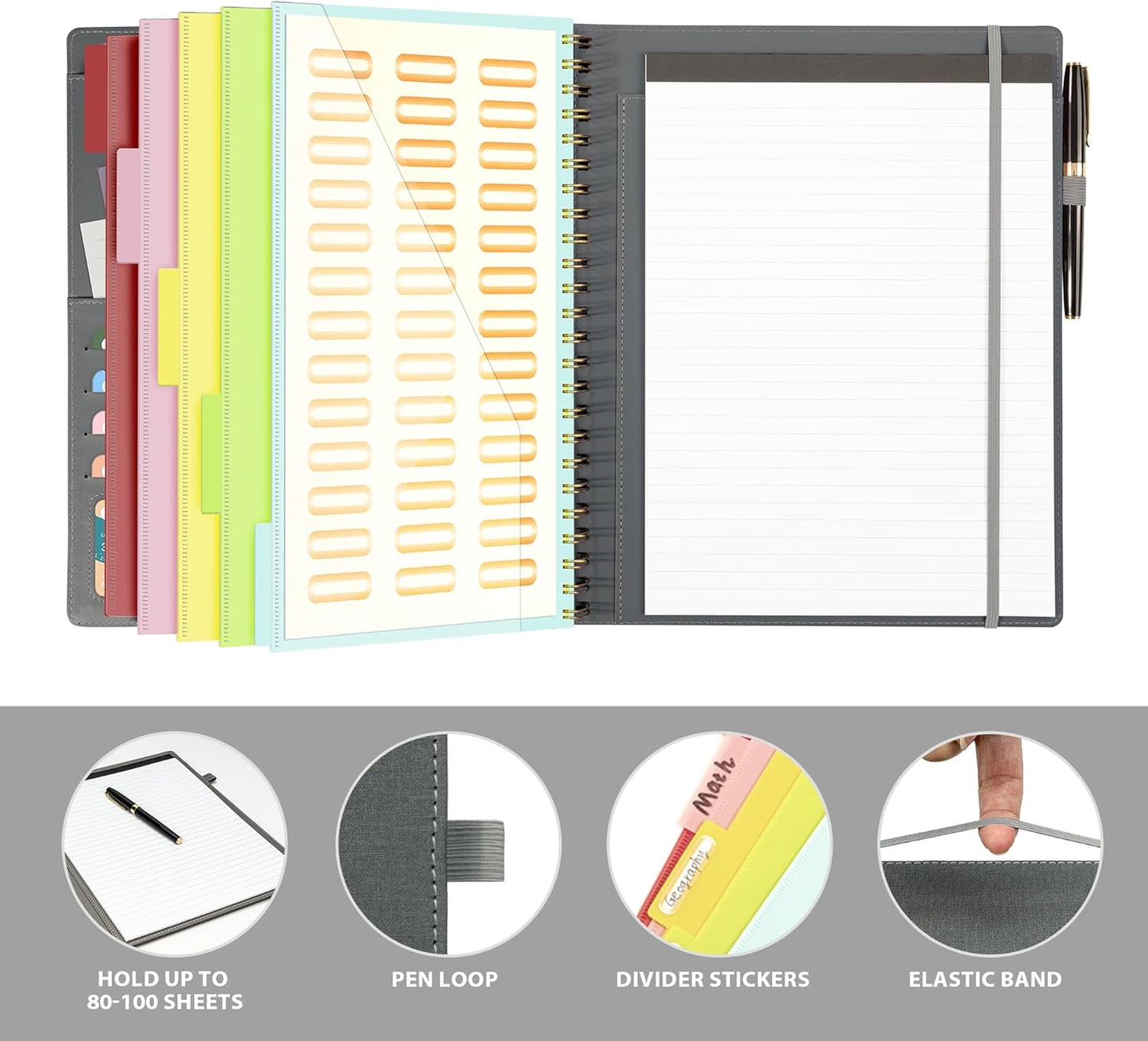 Ospelelf Clipboard with Storage for Women, Leather Padfolio Portfolio Organizer 5 Folders with 10 Pockets, Spiral Clipboard Folio with Notepad for Letter Size, Elastic Closure and Pen Loop Floral