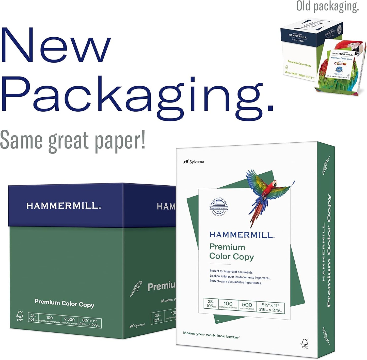 Hammermill Printer Paper, Premium Color 28 lb Copy Paper, 8.5 x 11-5 Ream (2,500 Sheets) - 100 Bright, Made in the USA, 102450C, White