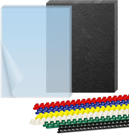 HOUYEE 120 Pack Binding Covers and Backs Set, 8.5x11 Inches, Including 60 Pcs 10 Mil Clear Binding Covers, 60 Pcs 12 Mil Black Plastic Sand Texture Polycovers, Letter Size