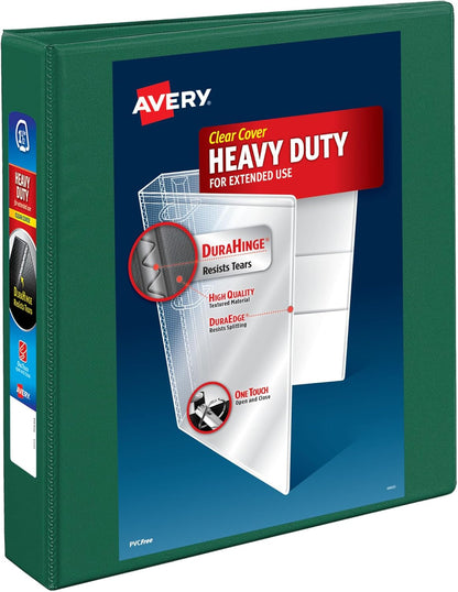 Avery Heavy-Duty View 3 Ring Binder, 1.5 Inch One Touch EZD Rings, 400-Sheet Capacity, 2.1 Inch Wide Spine, Customizable Clear Cover and Spine, 1 Green Binder (79108)