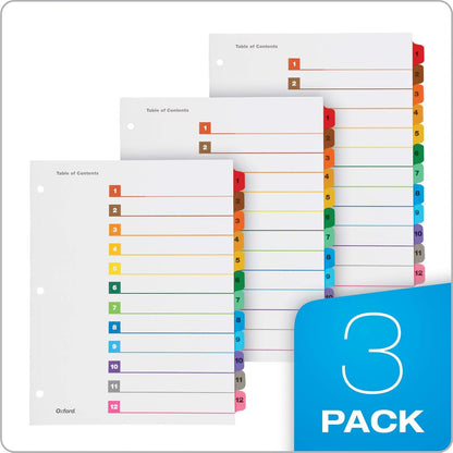Oxford Binder Dividers, 12 Tabs, Numbered 1–12, 3 Pack, Customizable Table of Contents Page, Reversible Multicolor Tabs, 3-Hole Punched for Binders