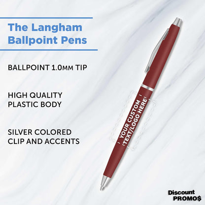 Personalized Langham Ballpoint Pens, Set of 10/50/100 by DISCOUNT PROMOS - Black Ink, Great for Office, Business, Tradeshows - Black