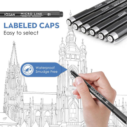 YISAN Drawing Art Pens,Micro Fineliner Pens,Fine Tip Manga Markers for Artist Sketch Technical,Black,12 Set,902195