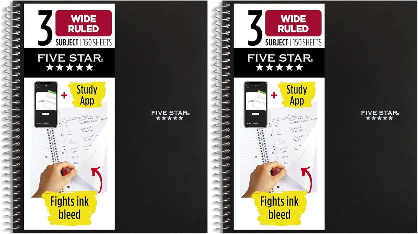 Five Star Spiral Notebook + Study App, 3 Subject, Wide Ruled Paper, 8" x 10-1/2", 150 Sheets, Fights Ink Bleed, Water Resistant Cover, Harvest Yellow (73463)