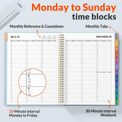 SUNEE 2026-2027 Appointment Book, Quarter-Hourly, Weekly & Monthly - from July 2026 to June 2027, 8.5"x11" Academic Planner, Flexible Cover, Note Pages, Bookmark, Spiral Binding, Black