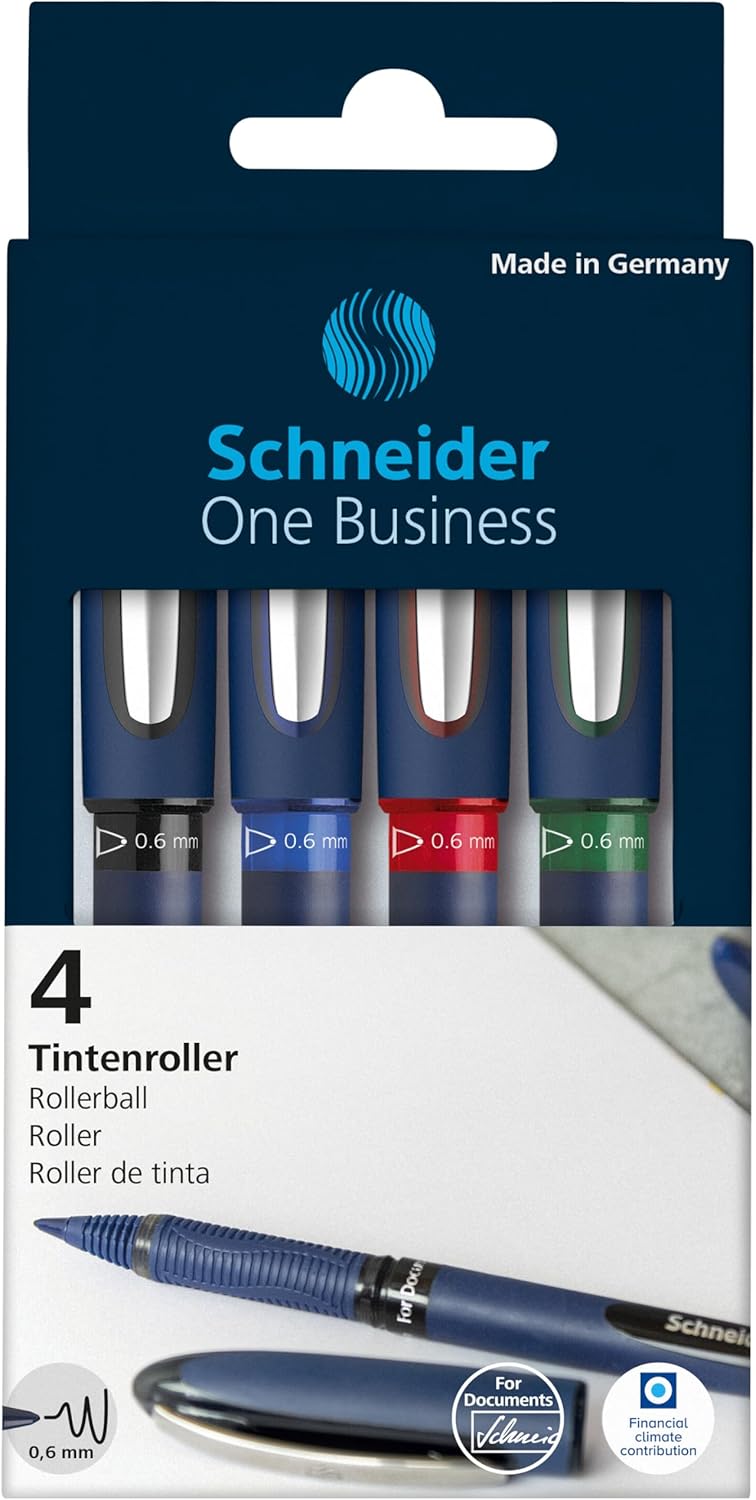 Schneider One Business Rollerball Pen, 0.6 mm Ultra-Smooth Tip, Blue Barrel, Black Ink, Box of 10 Pens (183001)