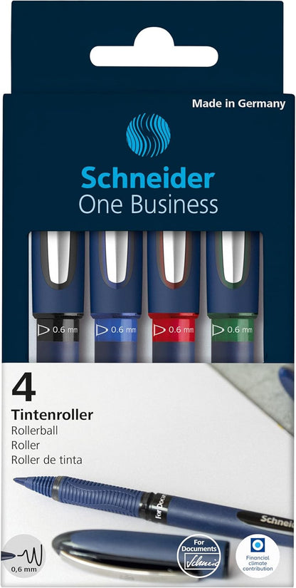 Schneider One Business Rollerball Pen, 0.6 mm Ultra-Smooth Tip, Blue Barrel, Black Ink, Box of 10 Pens (183001)