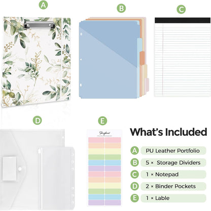SKYDUE 1 Inch 3-Ring Binder with Clipboard, PU Aesthetic Binder with 5 Dividers, Notepad, Stickers & Pockets for Work and School (Letter Size)