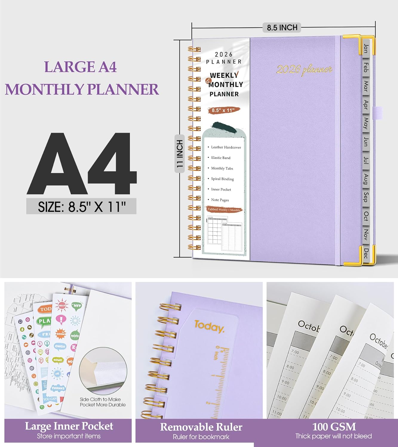 2026 Planner, Weekly and Monthly Calendar Planner from January 2026 - December 2026, 8.5" x 11" Hardcover Leather Hourly Appointment Book with Tabs, Spiral Daily Planners for School Work Home, Green