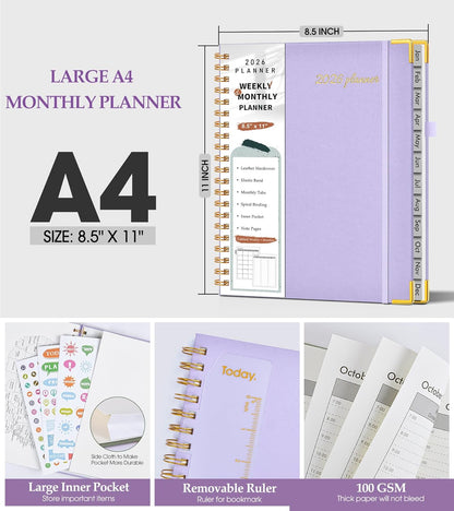 2026 Planner, Weekly and Monthly Calendar Planner from January 2026 - December 2026, 8.5" x 11" Hardcover Leather Hourly Appointment Book with Tabs, Spiral Daily Planners for School Work Home, Green