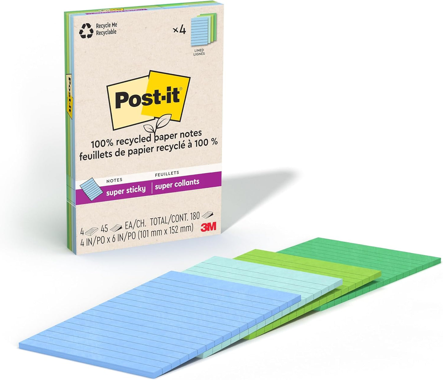 Post-it 100% Recycled Paper Super Sticky Notes, Lined, 4 in. x 6 in., 4 Pads, 45 Sheets per Pad, Wanderlust Pastels, School Supplies and Office Products