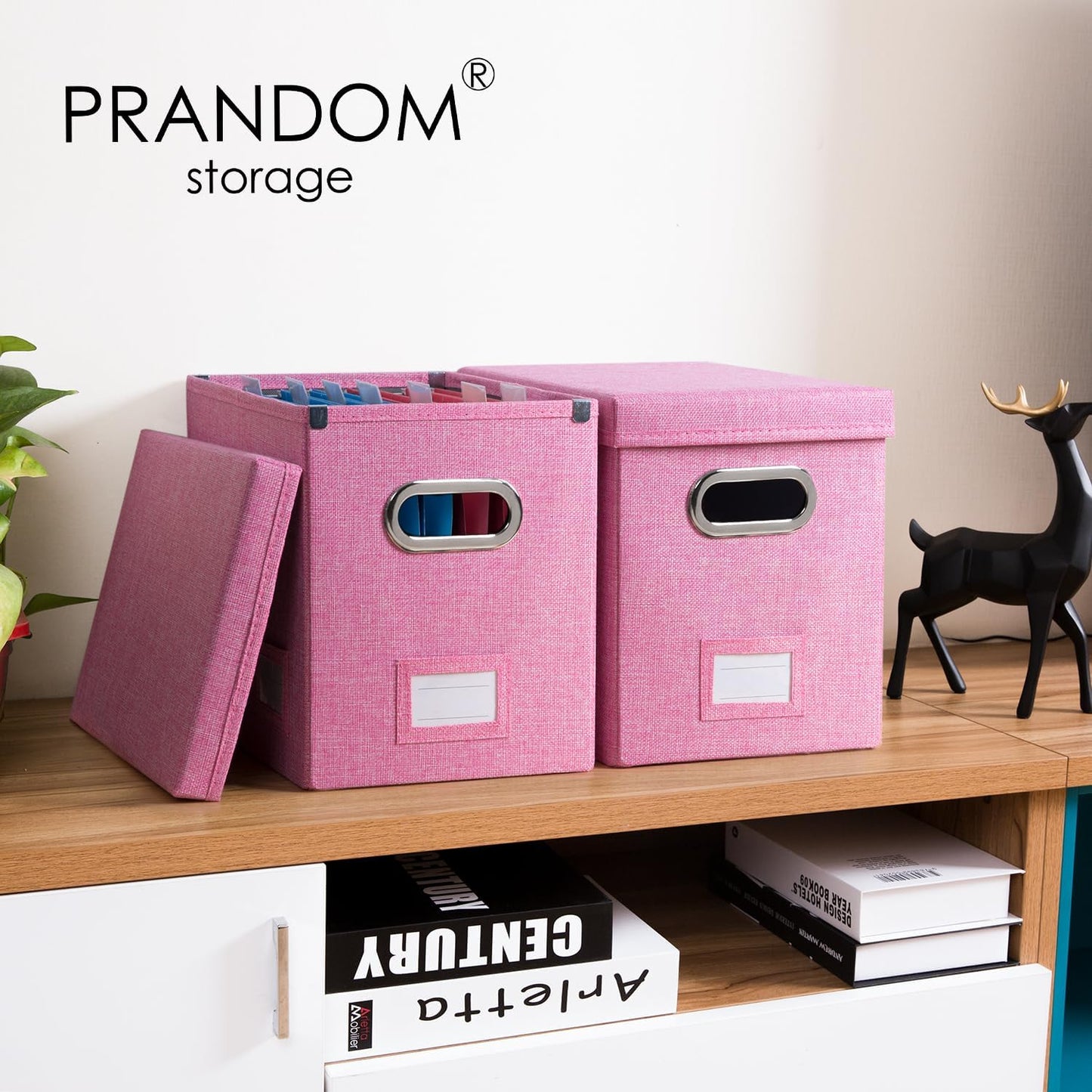 PRANDOM File Organizer Box - Collapsible Decorative Linen Filing Storage with Lids for Letter Size - Grey (14x9.3x10.8 inch)