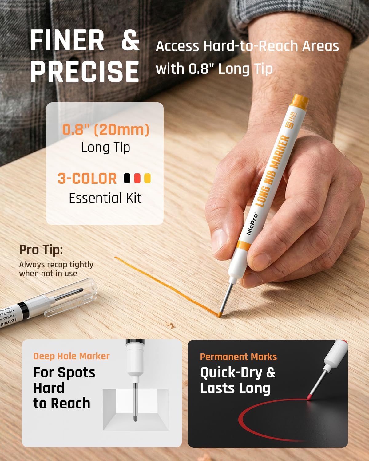 Nicpro 2 Pack CP1000 Carpenter Pencil with Sharpener, Mechanical Carpenter Pencils with 26 Refills, Deep Hole Long Nib Marker Pens for Construction, Heavy Duty Woodworking Pencil for Architect Marking