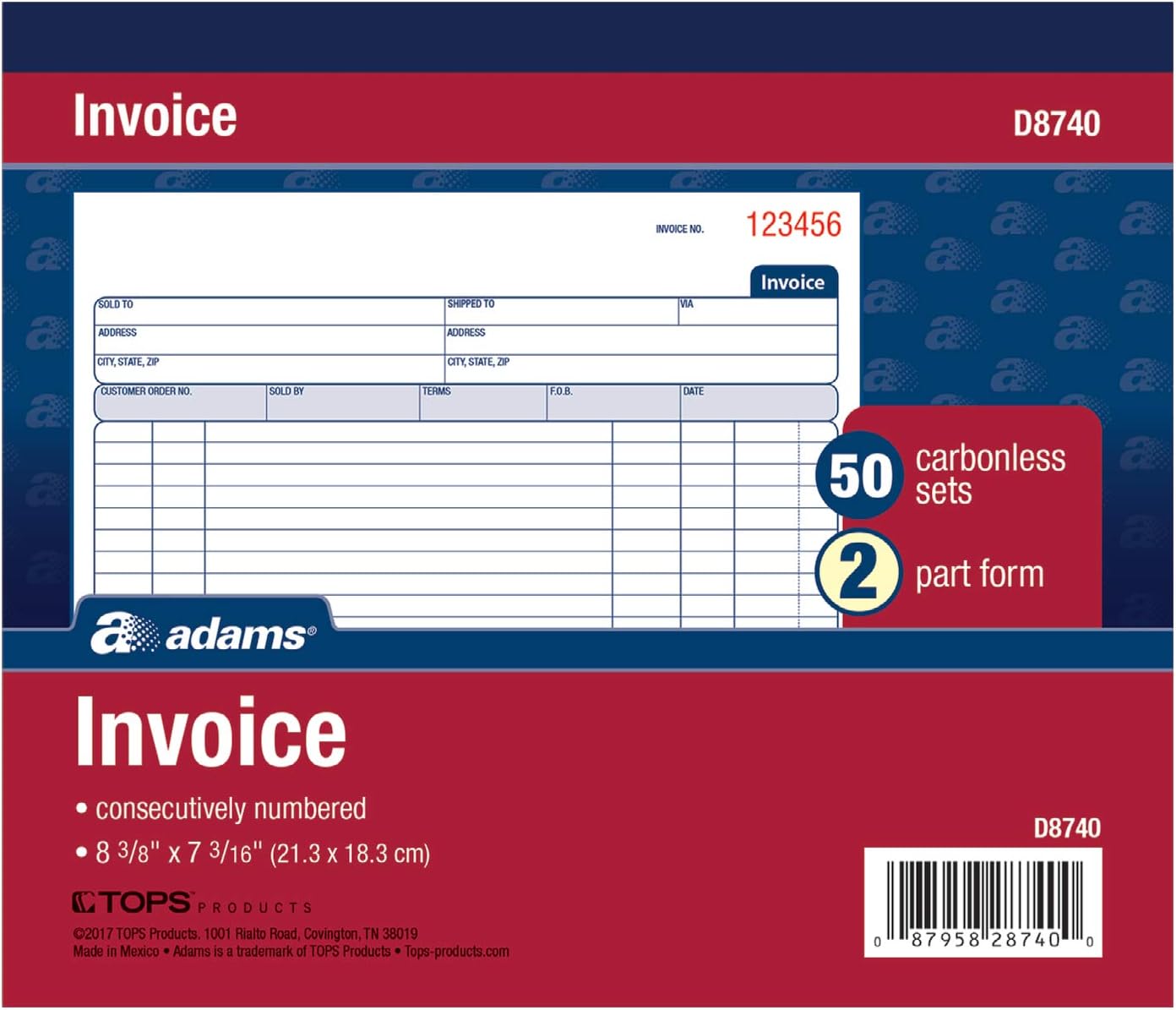 Adams Invoice Book, 2 Part, Carbonless, 8.38 x 7.19 Inches, 50 Sets per Book, White and Canary (D8740)