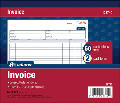 Adams Invoice Book, 2 Part, Carbonless, 8.38 x 7.19 Inches, 50 Sets per Book, White and Canary (D8740)