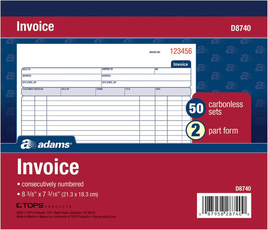 Adams Invoice Book, 2 Part, Carbonless, 8.38 x 7.19 Inches, 50 Sets per Book, White and Canary (D8740)