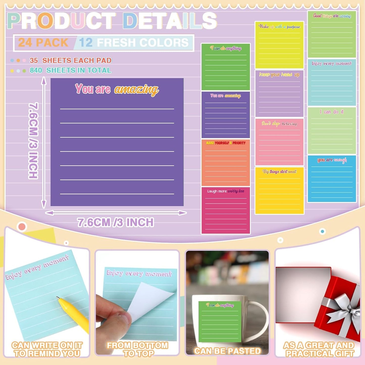 Yinder 48 Pcs Inspirational Sticky Notes Cute Motivational Sticky Notes Pad End of Year Employee Appreciation Gifts Bulk for Teacher Nurse Coworkers Office Supplies 3 x 3'' (Thank You,Dark Color)