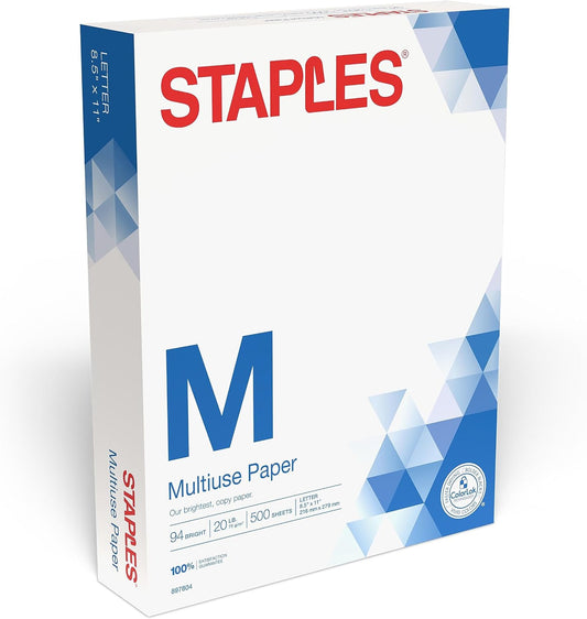 Staples Multipurpose Copy Printer Paper, 20 lb, 8.5 x 11 Inches, 10 Reams, 94 Bright, White