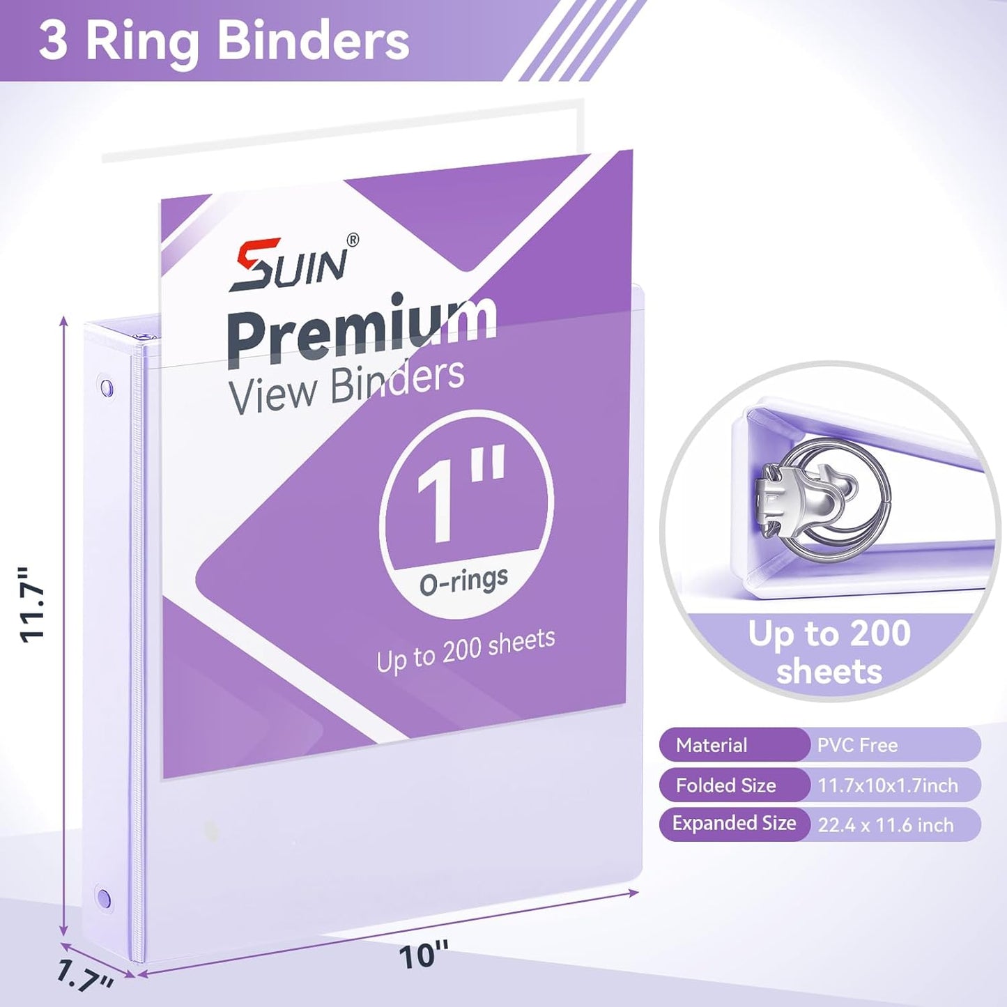 SUIN 1 Inch 3 Ring Binder, Clear 1'' View Presentation Binders with 2 Pockets, Fits 8.5 x 11 Letter Size, Durable Polypropylene, Non-Stick & PVC-Free for School, Office & Home (Orange)