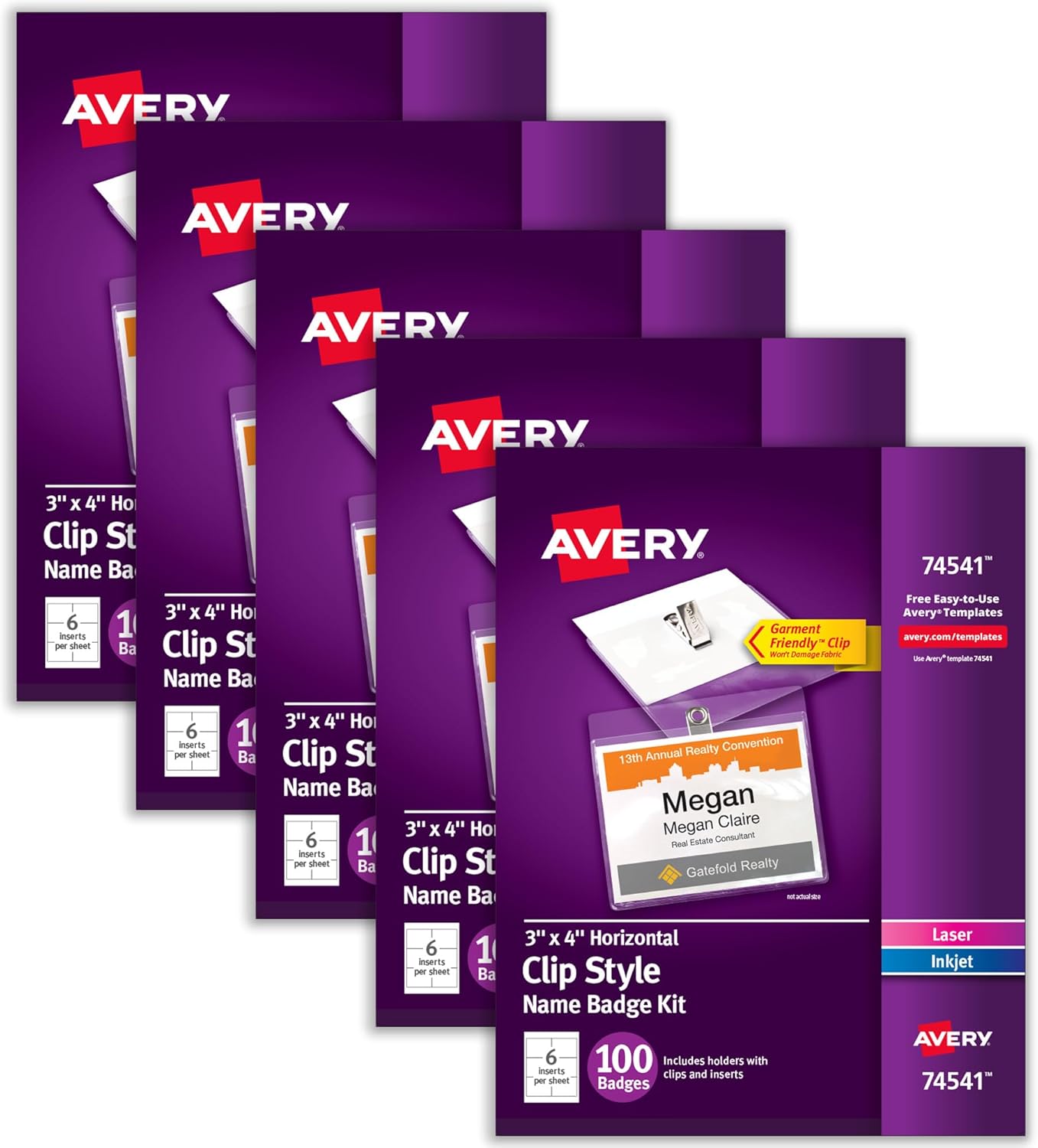 Avery Customizable Name Badges, Clip Style, 3" x 4", Clear Name Tag Holders, White Laser/Inkjet Printable Inserts, 100 Total (74541)