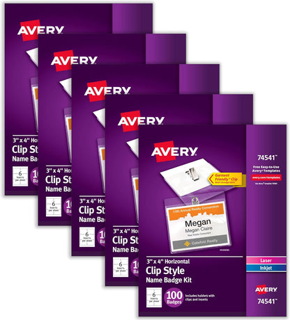 Avery Customizable Name Badges, Clip Style, 3" x 4", Clear Name Tag Holders, White Laser/Inkjet Printable Inserts, 100 Total (74541)