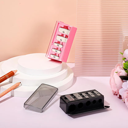 Honoson 2 Pcs 5 Hole Cosmetic Long Point Manual Pencil Sharpener with Plastic Lid Makeup Eyeliner Pencil Sharpener(Black)