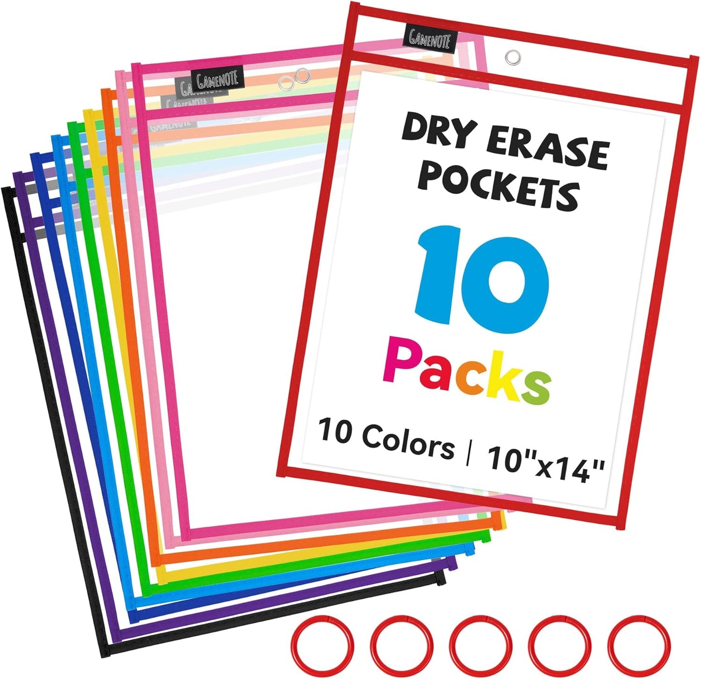 Gamenote Dry Erase Pockets 30 Pack with Rings, Oversized Reusable Plastic Sleeves Shop Job Ticket Holders Sheet Protectors Teacher Supplies Organization for Classroom Must Have, 10x14 Inches (Black)