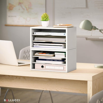 Ballucci File Organizer, 4-Tier Office Desk Organizer, Open Top Wood Paper Organizer for Classroom, Desktop Mail Sorter Paper Tray, Black